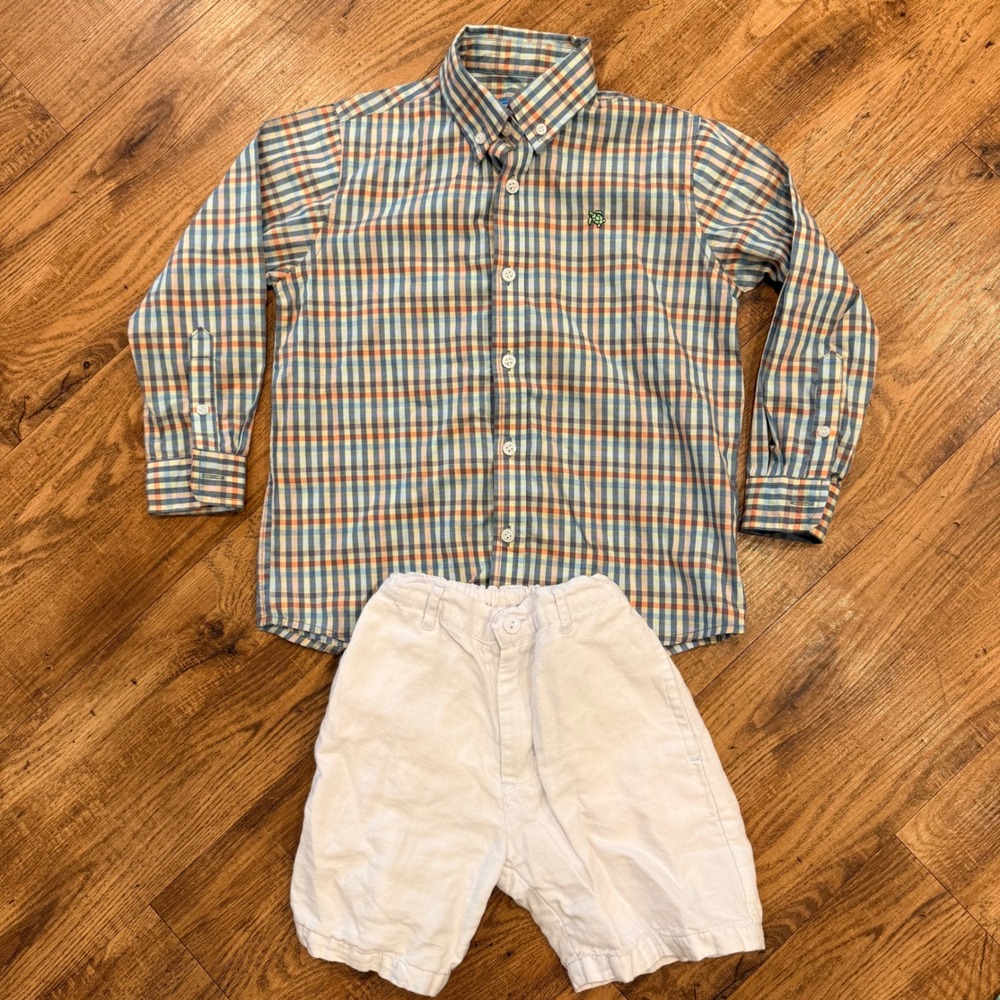 J. Bailey Boys Plaid Roscoe Shirt and Me & Me White Linen Shorts Set Size 5